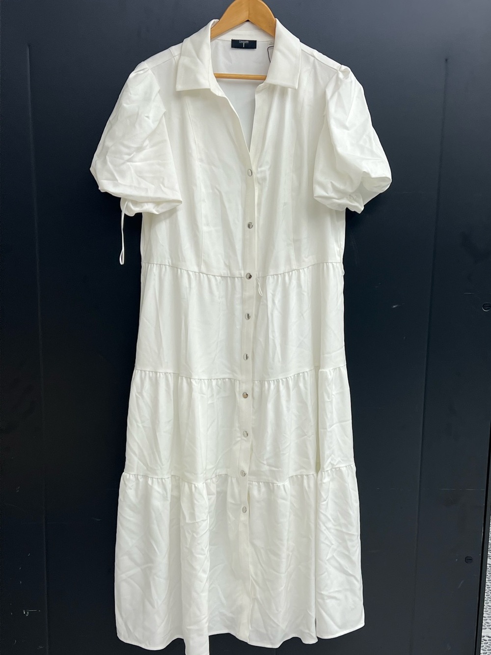 Tahari White Tiered Button Midi Dress with Puff Sleeves